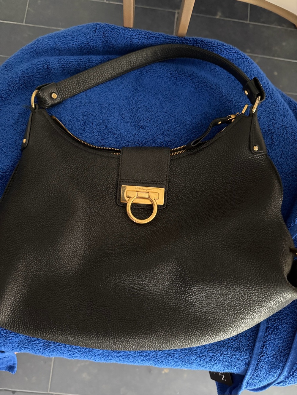 Salvatore Ferragamo Black Pebbled Leather Shoulder Bag with Gold Gancini
